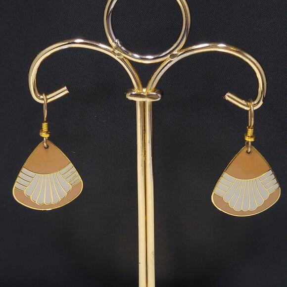 Vintage Laurel Burch Waterfall Earrings, Gold Plated, Beige & Gray Enamel - Picture 7 of 10